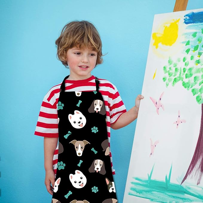 Sylfairy Aprons for Kids Girls Rainbow Unicorn Apron Children Kitchen Chef Aprons Smock (Black+Dog, Small,3-5Years)