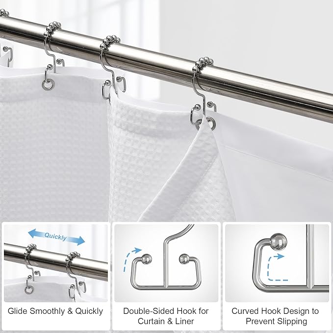ROLIZOE 3-in-1 Waffle Texture Shower Curtain Set with TPU-Coated Waterproof Liner and 12 Upgraded Double-Sided Hooks, Well-Matched Sizes for a Seamless Fit – White, 72" x 78"