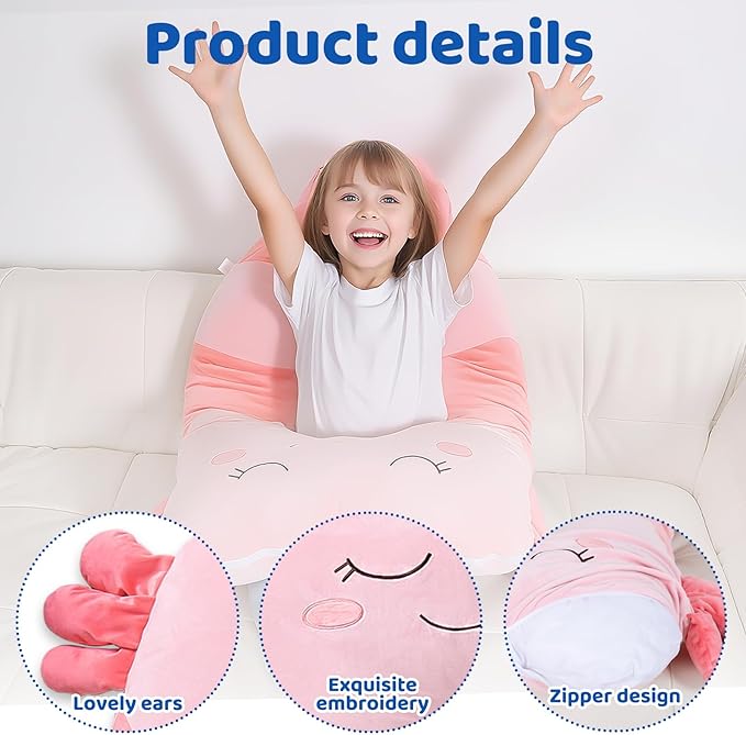 MLdian 47x23 inch U Shaped Long Plush Body Pillows for Kids, Stuffed Animal Axolotl Soft Large Pillow for Sleeping, Big Cute Plushies, Washable Cover, Gift for Boys and Girls