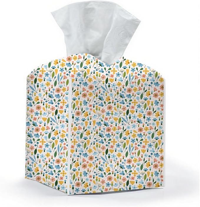 Tissue Box Cover, Tissue Box Holder, Square with Belt Bottom, PU Leather Decorative Organizer for Desk, Tabletop, Countertop Bathroom, Toilet Car, Office, Bedside Kitchen, Aesthetic Flower Decor