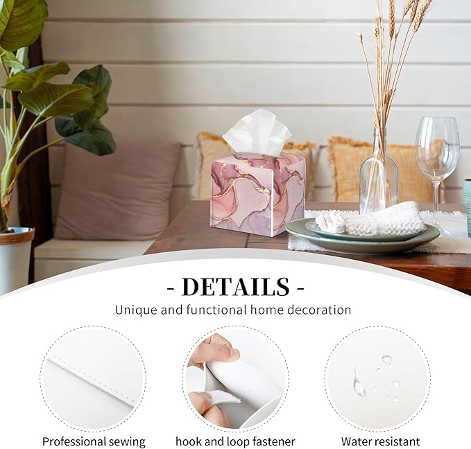 Pink Gold Liquid Marble Tissue Box Cover Square,Modern Marble Texture Tissue Box Holder Waterproof Leather Facial Paper Organizer Dispenser for Bathroom Home Car Nightstand Vanity Desk