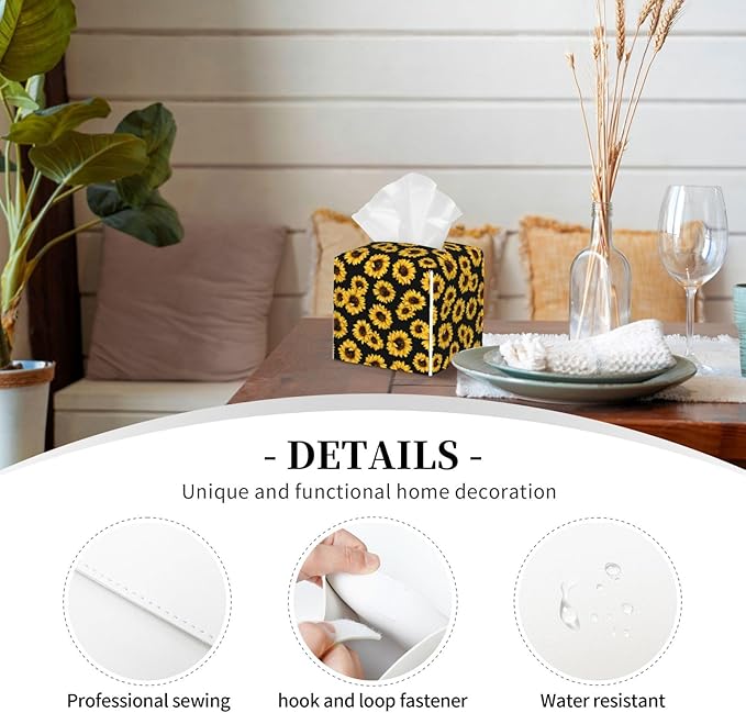 PVC Tissue Box Cover Holder,Sunflower Square Decorative Organizer,5.2"X5.2"X5.2" Tissue Case for Bathroom,Tabletop,Car,Office