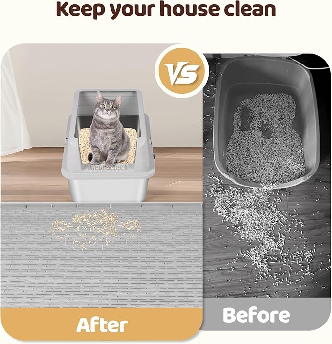 Bartuke Cat Litter Mat, 2 Pack Large 34" x 22" Silicone Mat Litter Trapping Mat for Scatter Control, Soft on Kitty Paws, Easy to Clean (Light Grey)