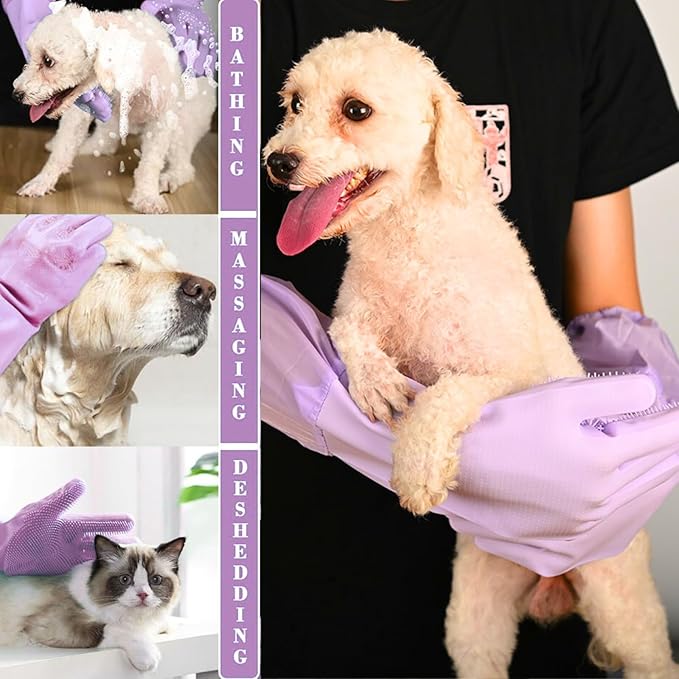 GALYNA Dog Washing Gloves, Pet Grooming Gloves with Soft Brushes, Bathing and Massaging for Dogs and Cats, Silicone Heat Resistant Cleaning Gloves with High-Density Teeth (Purple)