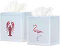 EmbroideryLinen.VN Tissue Box Cover Set of 2, Square Cotton Tissue Holder, Printed Animal Pattern, 4.5x4.5x5.5 Inches, Decorative Holder for Bathroom, Living Room, Office (Lobster & Flamingo)