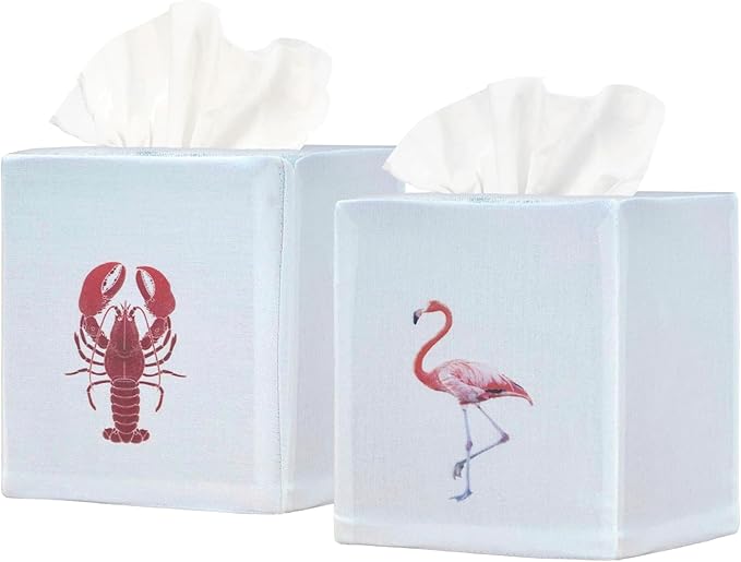 EmbroideryLinen.VN Tissue Box Cover Set of 2, Square Cotton Tissue Holder, Printed Animal Pattern, 4.5x4.5x5.5 Inches, Decorative Holder for Bathroom, Living Room, Office (Lobster & Flamingo)