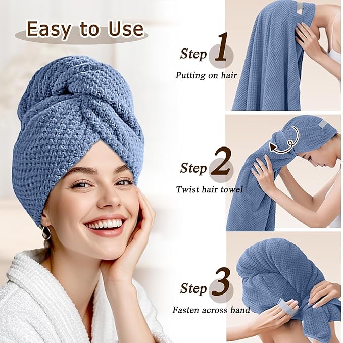 Netcken Large Microfiber Hair Towel Wrap & Satin Bonnet Set for Women, Ultra Absorbent Turban 24x42 Inches & Adjustable Night Cap for Curly Hair, Prevents Frizz & Breakage, Stocking Stuffers