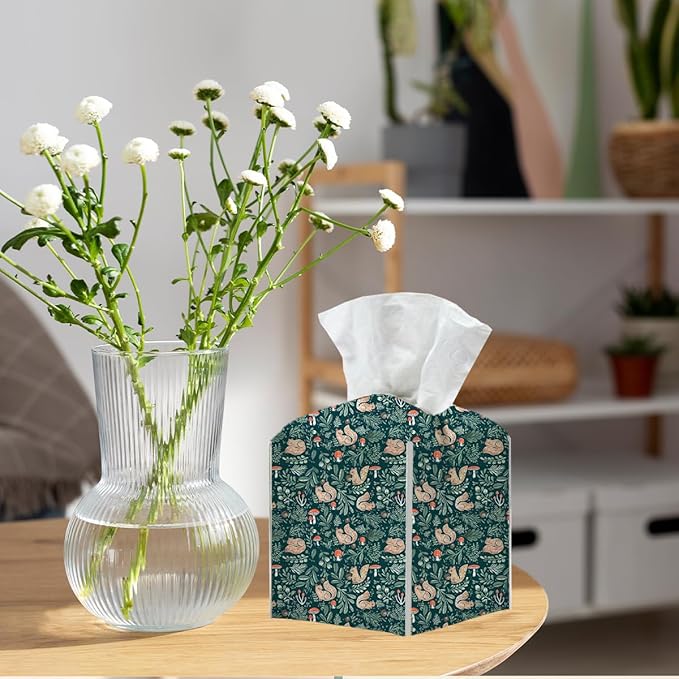Tissue Box Cover, Tissue Box Holder, Square with Belt Bottom, PU Leather Decorative Organizer for Desk, Tabletop, Countertop Bathroom, Toilet Car, Office Dresser Kitchen, Squirrel Plant Mushroom Decor