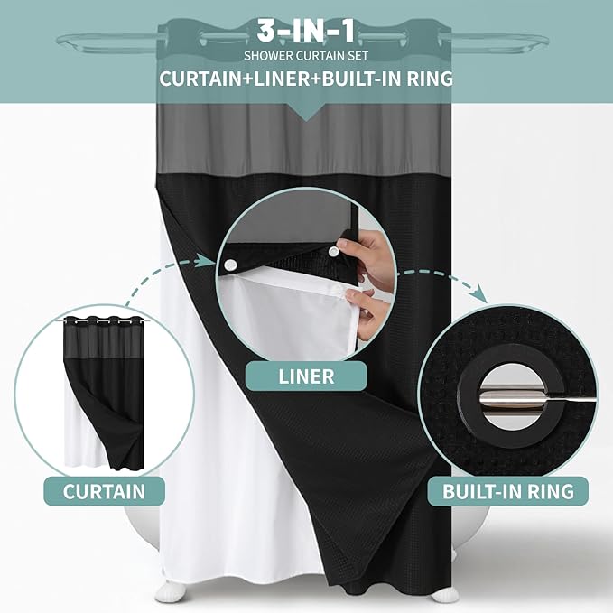 eachope Stall Black No Hook Waffle Weave Shower Curtain with snap-in Liner Replacement, 230GSM Waterproof Fabric Hotel Shower Curtain Set for Bathroom, Through Mesh Top Window,54Wx80H