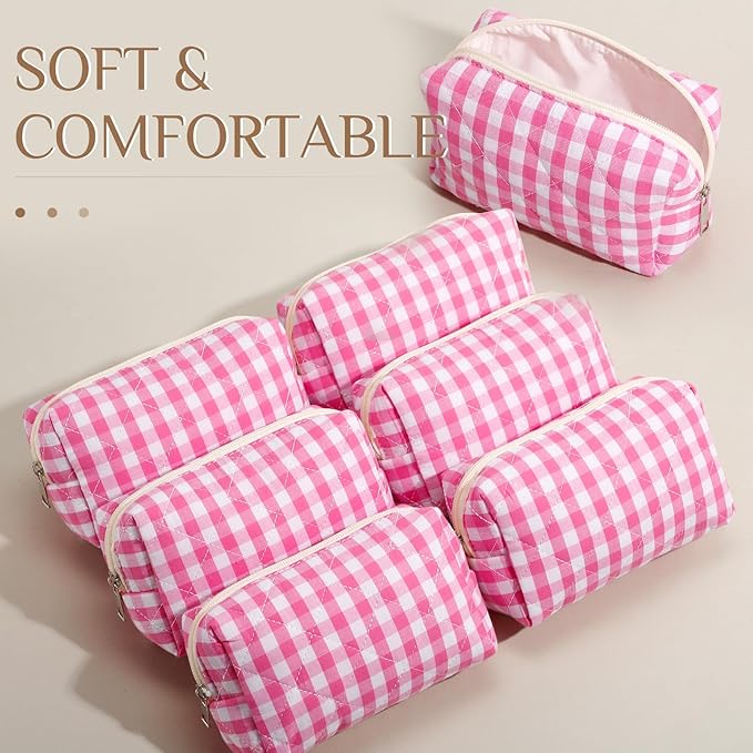 Paterr 6 Pcs Quilted Makeup Bag Bulk for Women Girls Birthday Valentine's Day Bridesmaid Gifts Cute Cotton Cosmetic Pouch Bow Floral Coquette Aesthetic Travel Toiletry Bag(Plaid,Pink)