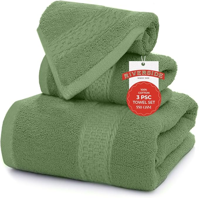 RIVERSIDE 3-Piece Towel Set, 1 Bath Towel, 1 Hand Towel, 1 Washcloth, 550 GSM Ring Spun Cotton, Soft, Quick Dry, Absorbent Bathroom Towels for Home, Gym, Spa, Sage Green