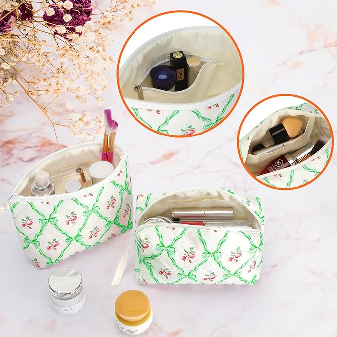 HAOGUAGUA 2 Pieces Makeup Bag, Small Large Quilted Cosmetic Bag, Travel Floral Make Up Toiletry Organizer Bag for Women Girls (2PCS STYLE A-2)
