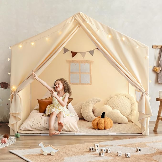 Kids Play Tent with Padded Mat, Play Tent for Toddlers, Large Kids Tent Indoor Playhouse, Play House Tent Princess T Play Cottage for Girls Toy House Birthday Gift