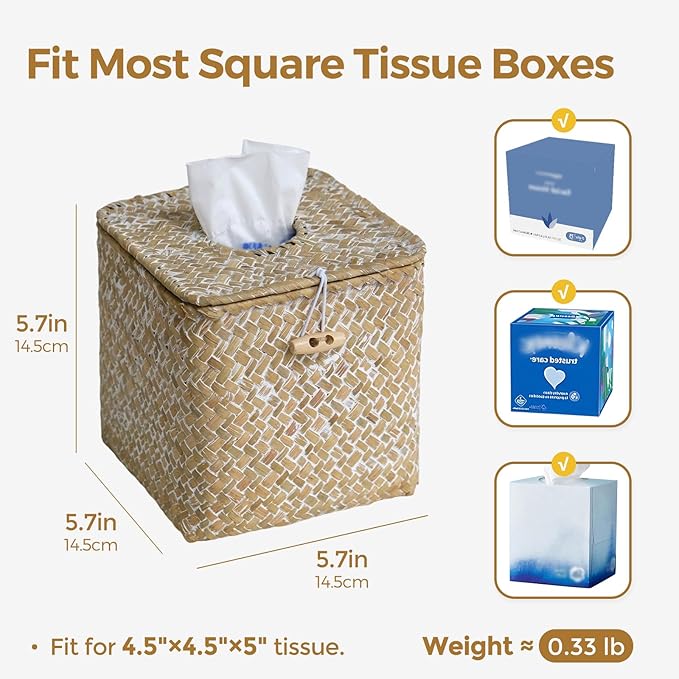 KALEKAIL Seagrass Tissue Box Cover with Lid, Wicker Tissue Box Holder Square, Boho Decorative Woven Tissue Cover Rustic Cube Tissue Holders for Bathroom Living Room Kitchen, Whitewash
