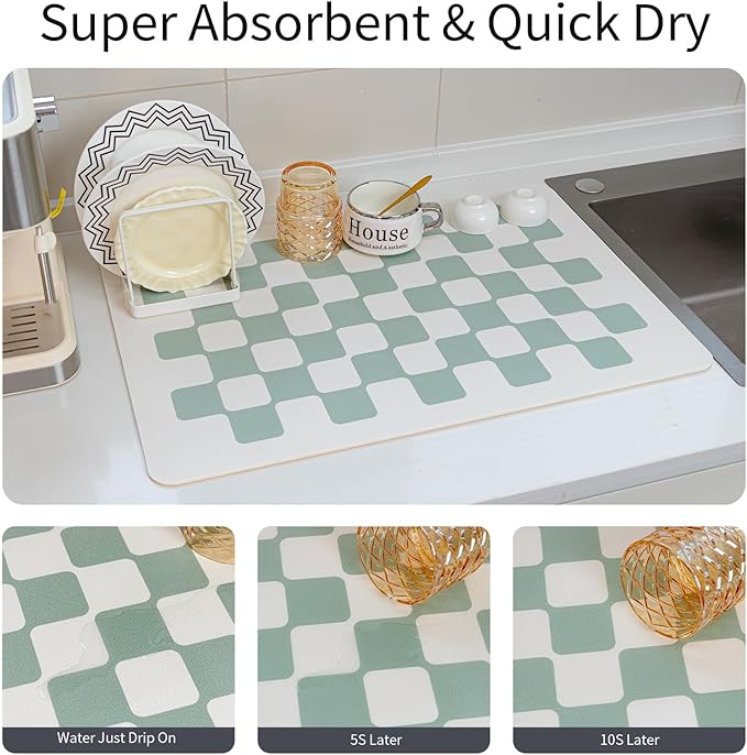 2PCS Large Dish Drying Mats for Kitchen Counter 24''x16'' Black Sage Beige Checkered Non-slip Coffee Mat Espresso Accessories,Sage Checkered