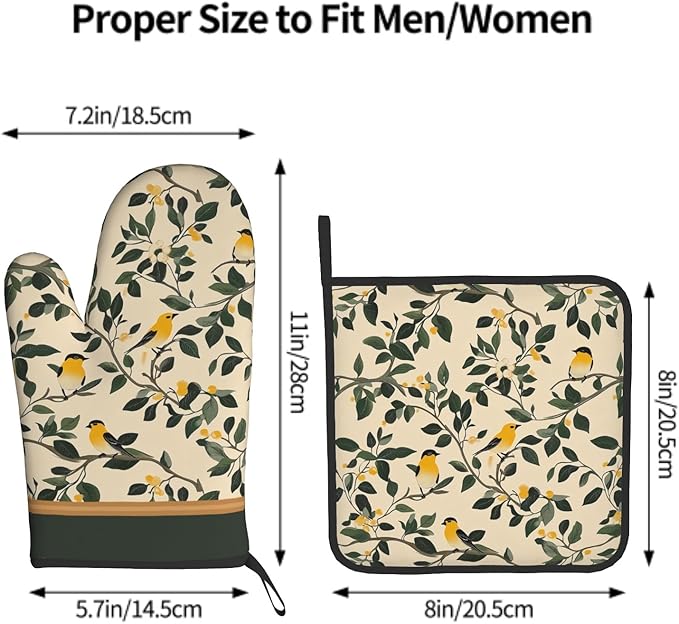 Bird Branch Oven Mitt and Pot Holder Sets 2Pcs Dark Green Yellow Vintage Heat Resistant Washable BBQ Cooking Gloves Hot Pans Mat for Kitchen Baking Grilling Decorative