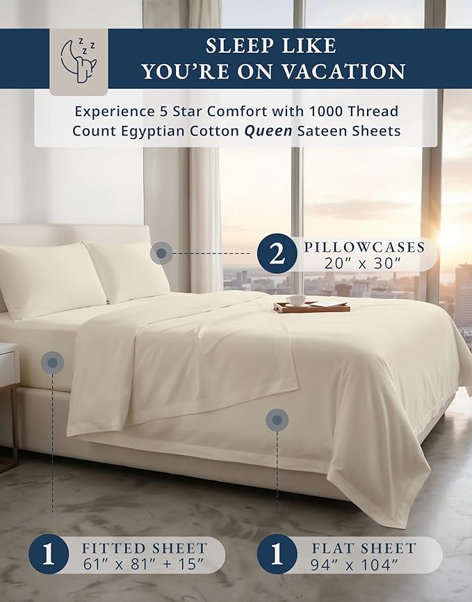 100% Egyptian Cotton Queen Size Bed Sheet set - 1000 Thread Count Sheets, Ultra-Soft Hotel Luxury Comfort with 15" Deep Pocket, Naturally Breathable & Durable Winter Queen Bed Sheets Set - Ivory