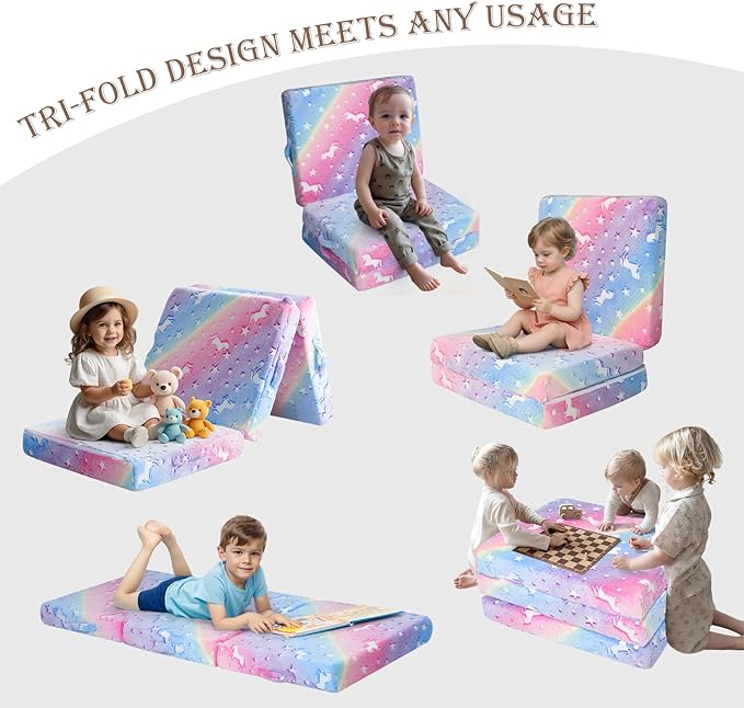 MeMoreCool Foldable Floor Mattress for Kids, Glow Star Trifold Mat, Kids Folding Mattress Portable Futon, 57x22 Inch Colorful