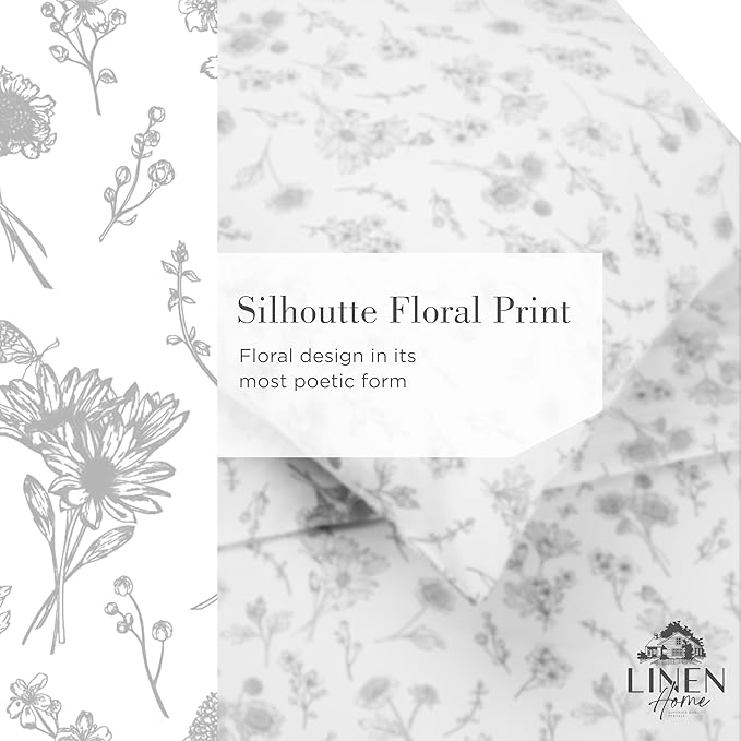 Linen Home 100% Cotton Printed Percale Sheets Queen Size, Deep Pocket, 4 Pieces Set - 1 Flat, 1 Deep Pocket Fitted Sheet and 2 Pillowcases, Crisp Cool and Strong Bed Linen, Grey Botanical Floral