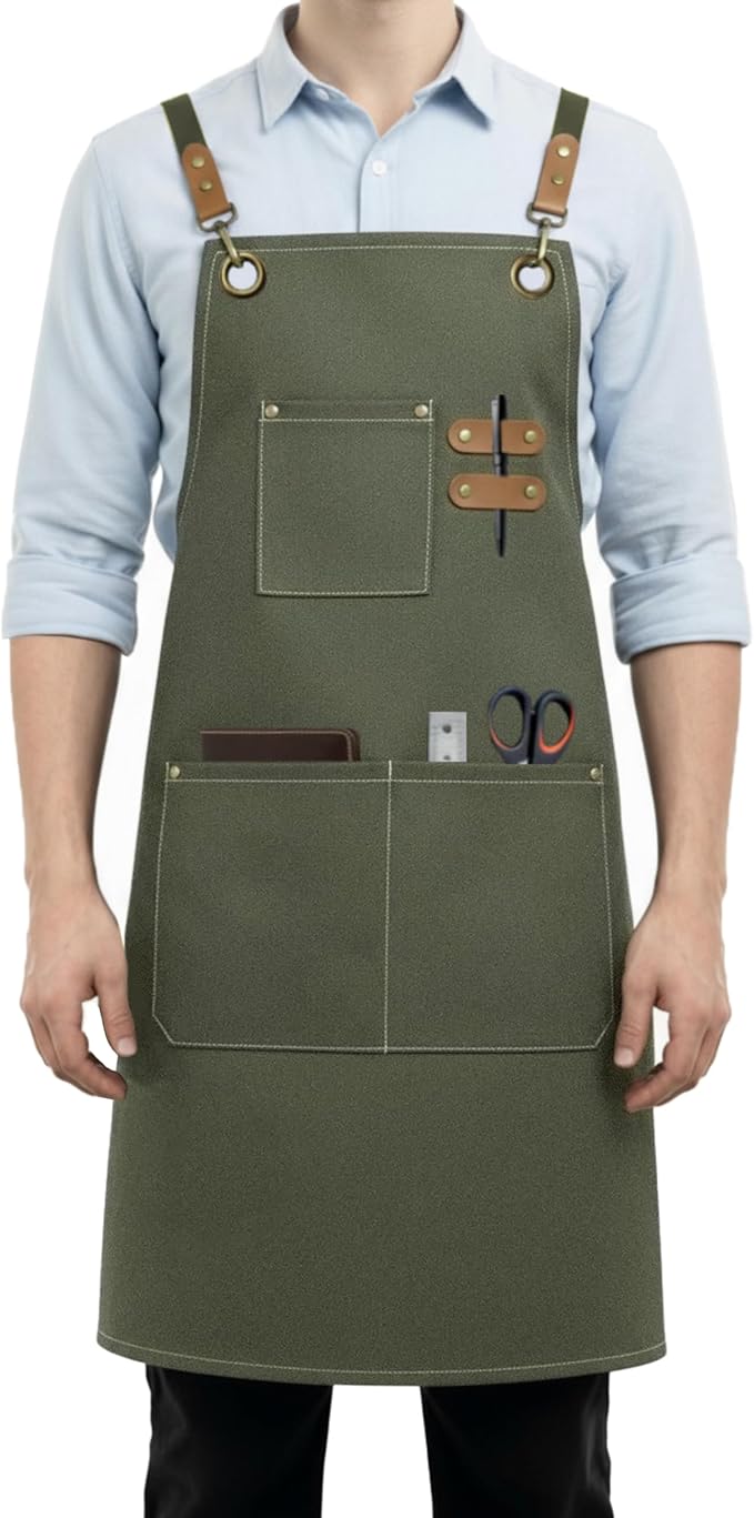 Canvas Work Apron for Men Women with 3 Pockets Heavy Duty Crossback Kitchen Chef Aprons for Cooking Grilling Barista