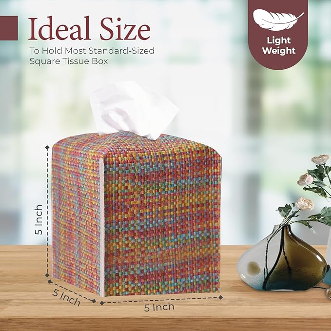 Tissue Box Cover, PU Leather Tissue Box Holder with Bottom Belt, Modern Square Tissue Box Covers with Wide Opening (Dark Mix Color, Woven Patterns)