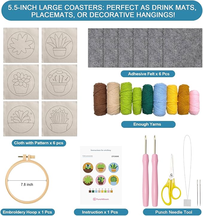 Punch Needle Coaster Kit for Adults Beginners, Easy Punch Embroidery Starter Set with Instructions – Fun Mug Rug Making Kit for Table Decor & Festival DIY Gifts (6pcs Succulent Plants)