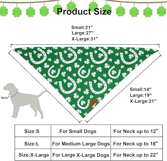 ADOGGYGO St. Patrick's Day Dog Bandana, Green Shamrock Scarf, Multi Size Offered, Saint Patrick Day Bandanas for Large and X-Large Dogs (X-Large)