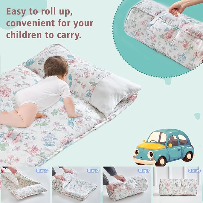DuShow Cotton Toddler Nap Mat Floral for Girls,Roll Up Slumber Bags,Toddler Nap Mat with Removable Pillow, Kids Sleeping Mat for Daycare and Preschool Kindergarten-Flower