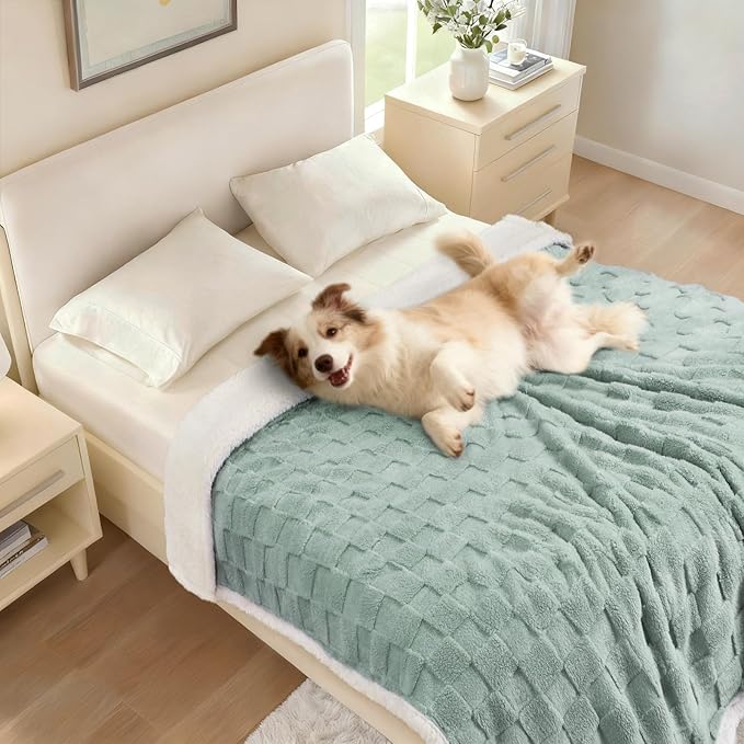Luciphia Waterproof Dog Blanket for Medium Dogs Washable Soft Sherpa Fleece Cat Blankets with 3D Jacquard Cozy Calming Reversible Couch Protector Furniture Protection for Pet, Green White, 57x40 inch