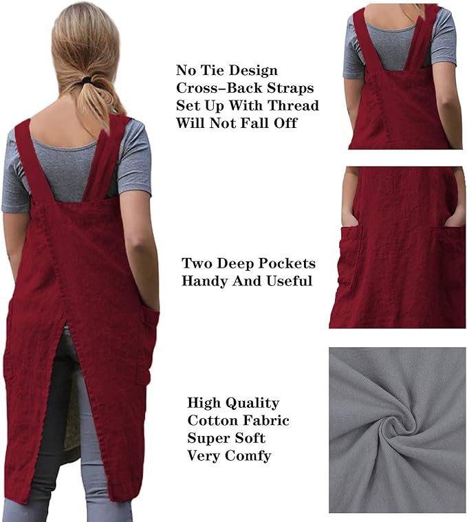Women's Practical Cross Back Pinafore Apron with Large Pockets Home Kitchen,Restaurant,Coffee house,Cooking Gardening Works