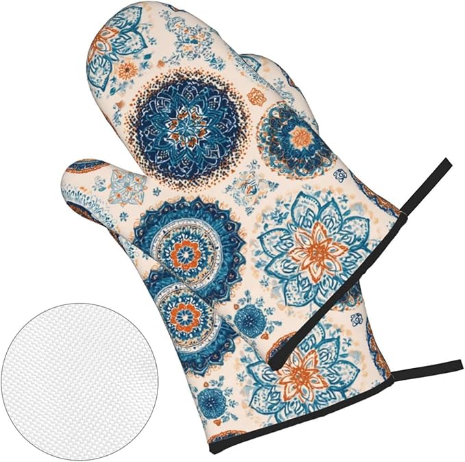 Oven Mitts and Pot Holders Sets of 4 Vintage Mandala Flower Kitchen Potholder Gloves Heat Resistant Non-Slip for Chef Baking Cooking Grilling BBQ Mittens