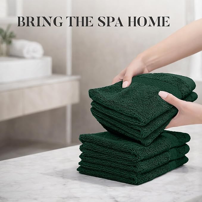 RIVERSIDE 12 Pack Premium 100% Cotton Face Wash Cloths, 12 x 12 Inches, Soft & Absorbent Face Towels for Bathroom Wash Clothes, 550 GSM, Luxury WashCloths for Showering, Body, Spa & Gym, Hunter Green