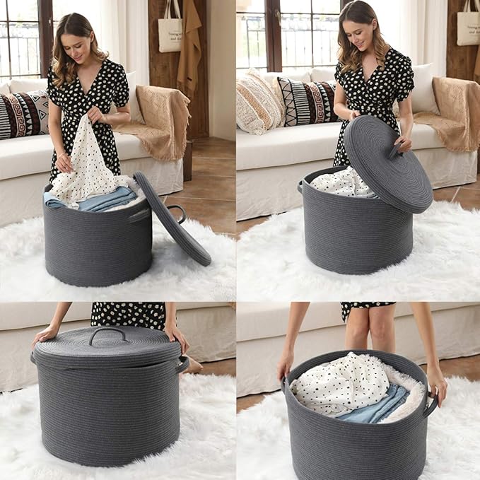 Cottonphant 20" x 20" x 15" Extra Large Storage Basket with Lid, Cotton Rope Storage Baskets, Laundry Hamper, Cloth Bin, for Clothes Towels Blankets Pillows Storage in Living Room, All Dark Grey