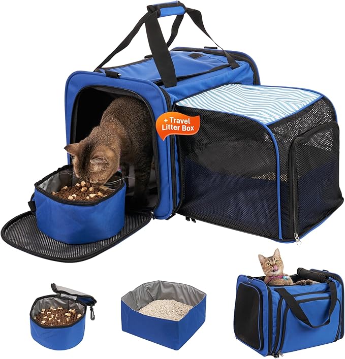Cat Carrier with Litter Box, Expandable Cat Travel Carrier for Car with Bowl, Collapsible Pet Carrier for Car Travel with Lockable Zippers, Soft Sided Pet Carrier for Cats/Puppies up to 20 lbs, Blue