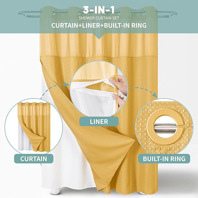 eachope Gold No Hook Waffle Weave Shower Curtain with snap-in Liner Replacement, 230GSM Waterproof Fabric Hotel Shower Curtain Set for Bathroom, Through Mesh Top Window,71Wx74H