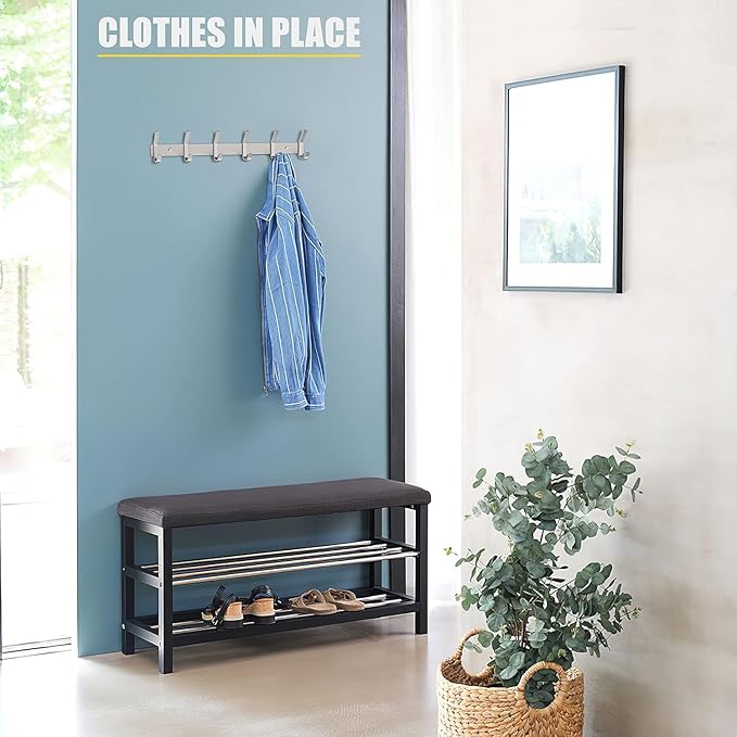 SAYONEYES Coat Rack Wall Mount – Brushed Nickel 17 Inch Stainless Steel Hook Rail with 6 Heavy Duty Double Coat Hooks – Wall Mounted Coat Hanger for Entryway, Bathroom, Bedroom, Towel, Hat Organizer