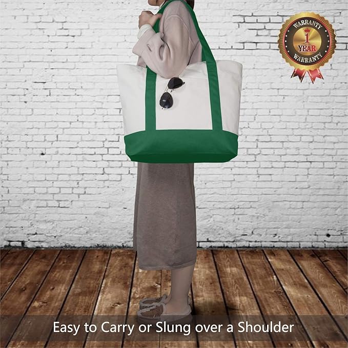 TOPDesign 3-Pack Canvas Tote Bags with an External Pocket, Reusable Grocery Shopping Bags, Top Zipper Closure, Daily Essentials (Green/Natural)