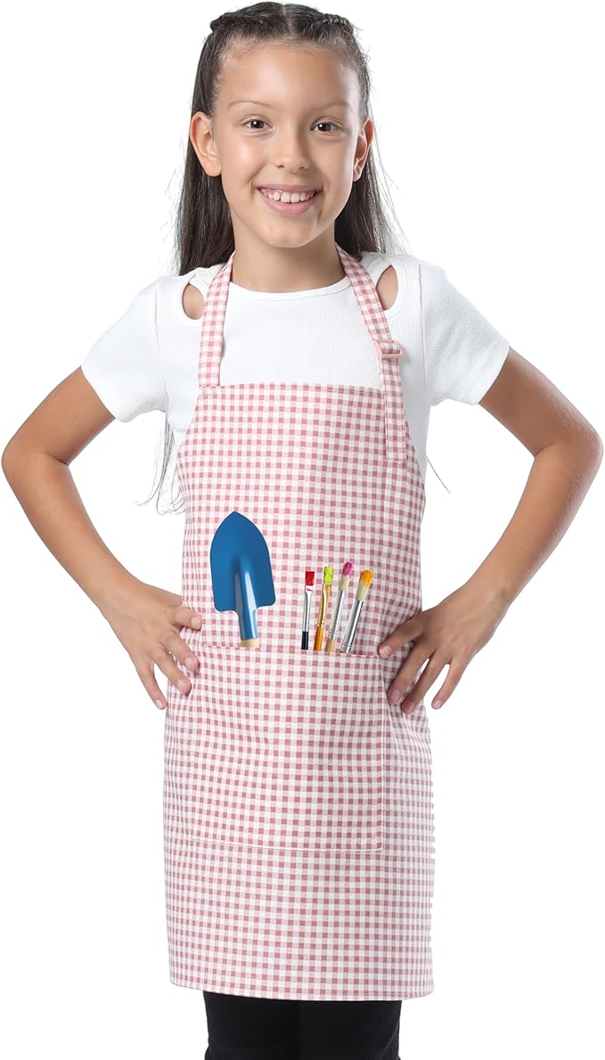 Kids Aprons for Cooking Waterdrop Resistant Aprons for Girl & Boy Toddler Apron for Painting, Gardening, Baking, Smock (Plaid Powder Pink, Medium (6-10 years)
