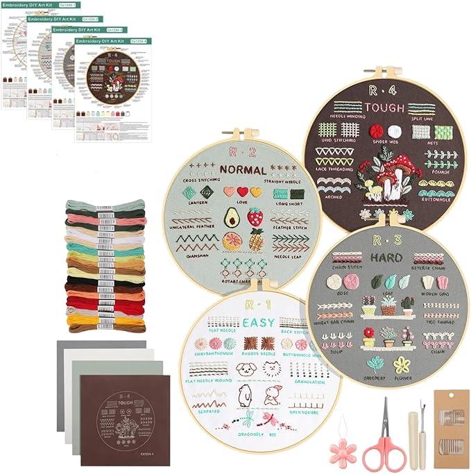 PALUPJEF Embroidery kit for beginnerand Needlework Kit for Adults, 4 Hoop Set to Learn 38 Stitches with Pre-Stamped Patterns, Complete Starter Kit with Instructions, DIY Gift for Women