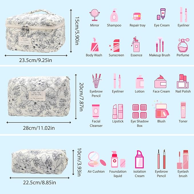 Cozomga Quilted Makeup Bag, Large Capacity Travel Cosmetic Bag for Women and Girls, Aesthetic Storage for Daily and Travel Use (3pcs-BlackFloral)