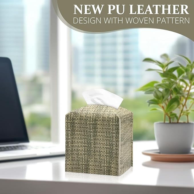PU Leather Square Tissue Box Cover with Woven Pattern, Cube Tissue Box Holder with Bottom Belt, Perfect Decorative Organizer for Tabletop, Car, Office, Bathroom (Beige Olive Green)