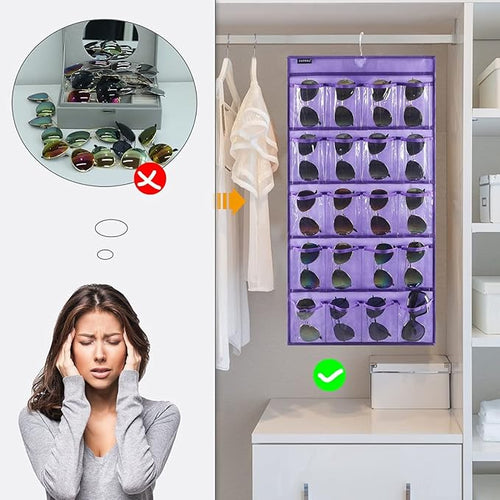 ANZORG Dual Sided Hanging Sunglasses Organizer Storage Wall Mounted Eyeglasses Holder Eyewear Display Case with 40 Clear Slots (40 Pockets-Purple)