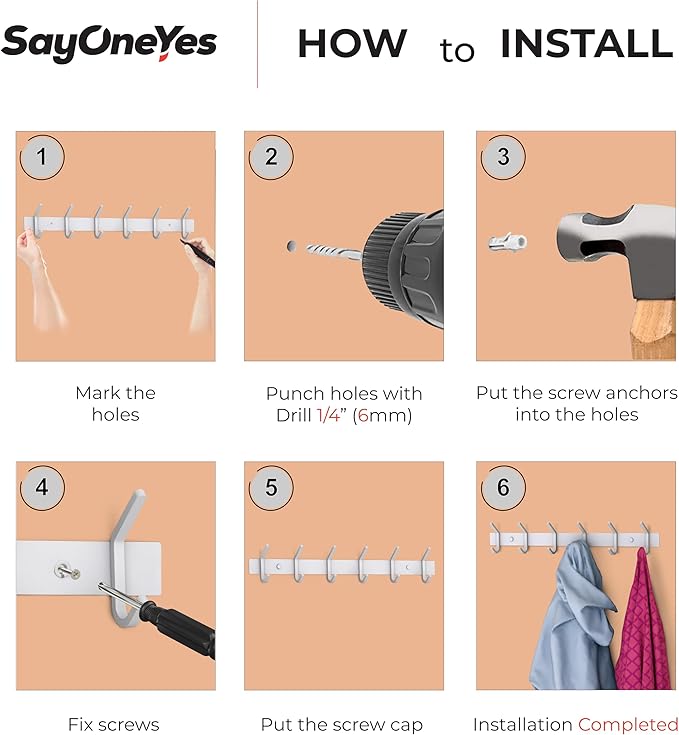 SAYONEYES White Coat Rack Wall Mount – 17 Inch Stainless Steel Hook Rail with 6 Heavy Duty Double Coat Hooks – Wall Mounted Coat Hanger for Entryway, Bathroom, Bedroom, Towel, Hat Organizer - 2 Pack