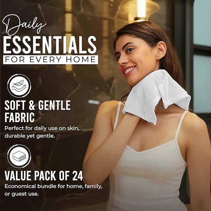 RIVERSIDE 24 Pack Washcloths Set - 100% Cotton [12x12 Inches] - 500 GSM, Soft, Quick-Dry & Highly Absorbent Face Towels - Perfect for Bathroom, Gym, Hotel, Spa & Travel - White