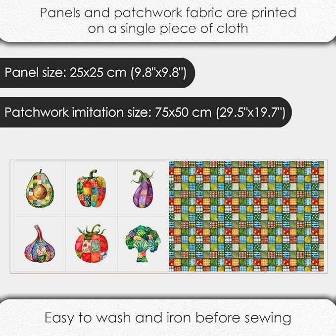 Vegetable Patchwork Cotton Fabric Panel – 6 Designs (10×10 inch Each) + Bonus Patchwork Sheet 29.5×19.6 inch, 100% Cotton 140 GSM