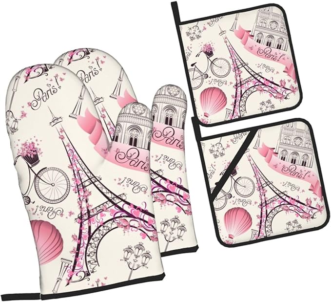 Paris Eiffel Tower Oven Mitts and Pot Holders 4 Pcs Set Oven Gloves and Potholders for Cooking Microwave BBQ Baking Grilling