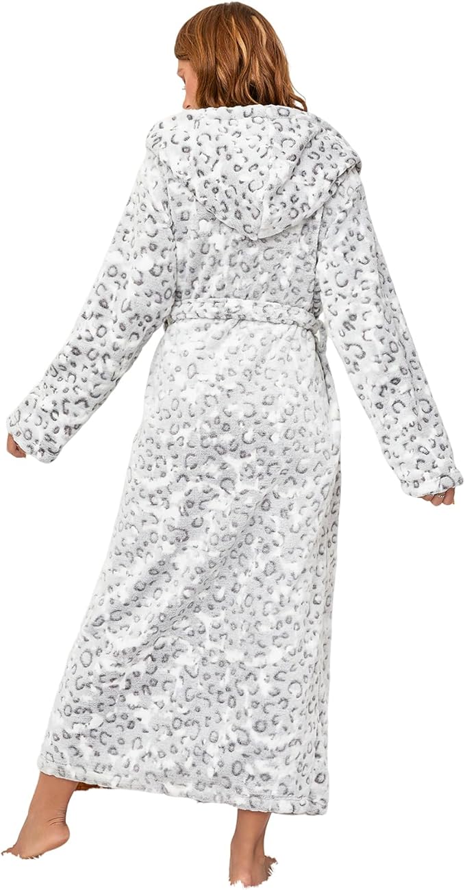 RONGTAI Womens Robes Plush Fleece Hooded Bathrobe Thick Nightgown with Pockets Fluffy Sleepwear