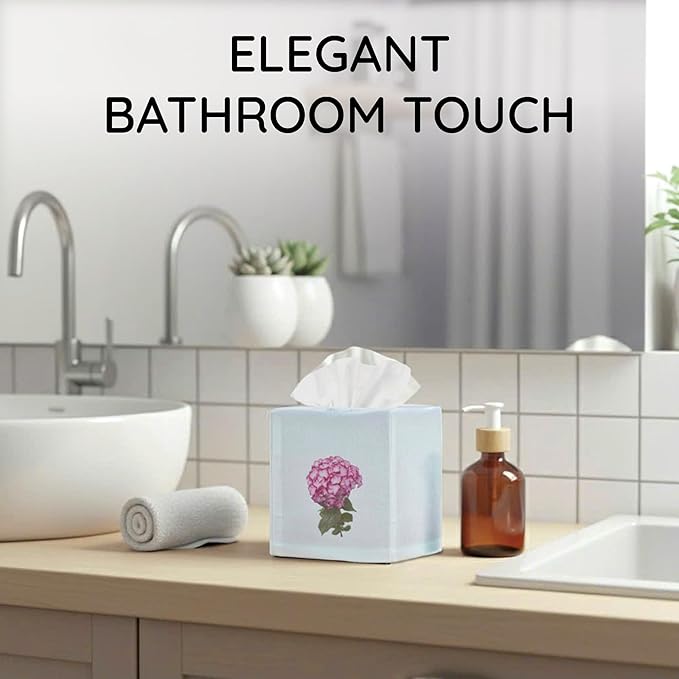 EmbroideryLinen.VN Tissue Box Cover Set of 2, Square Linen Tissue Holder, Printed Floral Design, 4.5x4.5x5.5 Inches, Decorative Holder for Bathroom, Living Room, Office (Hydrangea)