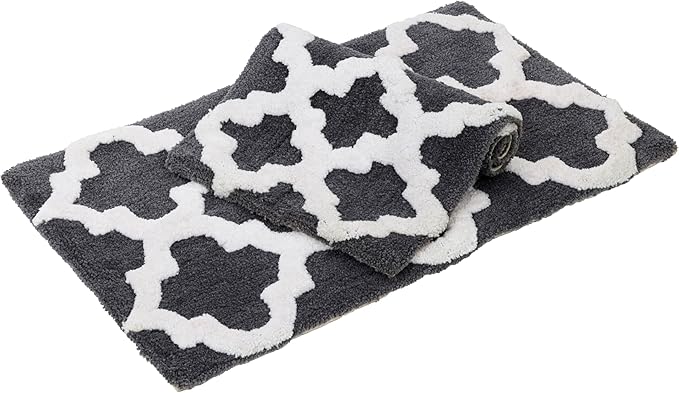 C23 Luxury Trellis Bath Rug Set of 2 (Charcoal Grey & White) 20"x32" & 16"x24" | 2200 GSM Ultra-Thick High-Density Plush | Decorative Non-Slip Bathroom Mats | Hotel Quality, Machine Washable