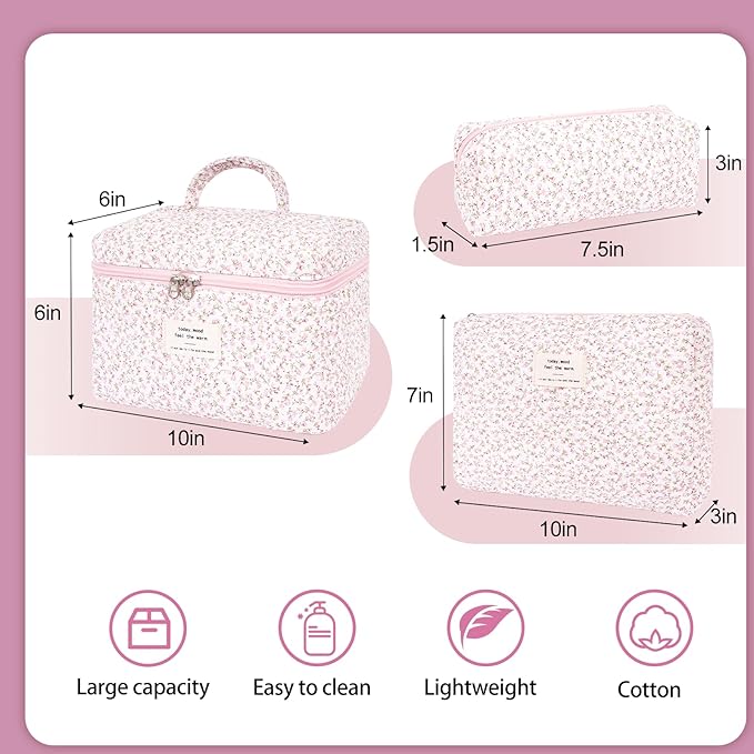 SXS LACONIC 3PCS Quilted Makeup Bag Set, Cosmetic Pouch for Women, Travel Toiletry Bags with Zipper Closure, Coquette Floral Make up Organizers